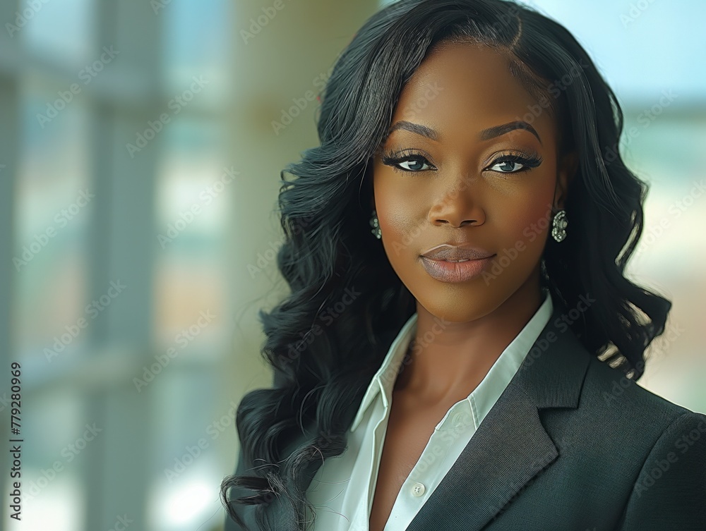 A woman with long hair and a black suit is smiling for the camera. The image has a professional and polished feel to it, with the woman dressed in a business suit and looking confident and poised A woman with long hair and a black suit is smiling for the camera. The image has a professional and polished feel to it, with the woman dressed in a business suit and looking confident and poised