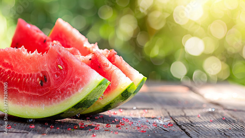 Juicy watermelon slices glistening with droplets on a picnic table.