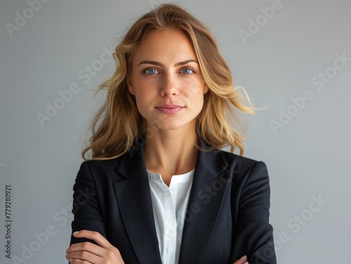 A woman in a business suit is posing for a photo. She has a confident and professional demeanor