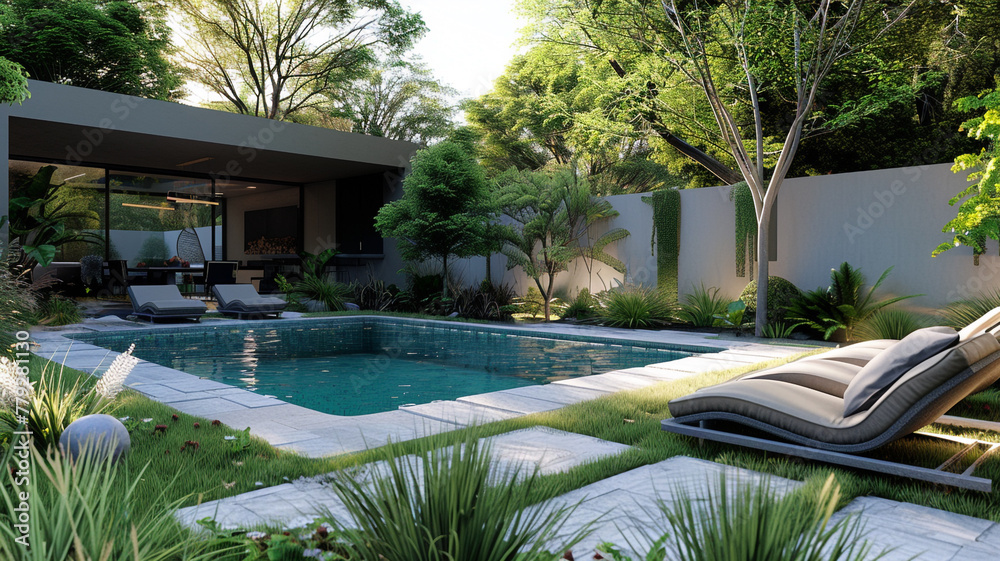 A tranquil backyard oasis with a swimming pool and lounge chairs.