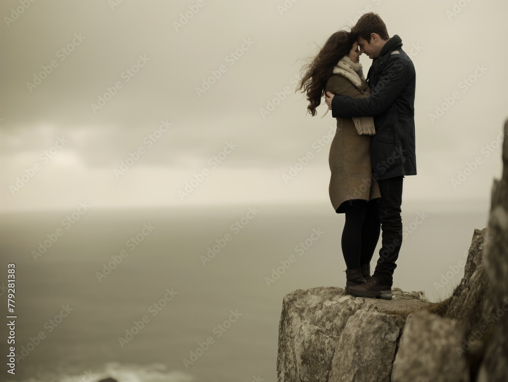 A couple standing on a rocky cliff overlooking the ocean. The man is wearing a black jacket and the woman is wearing a brown coat. They are embracing each other and looking out at the water