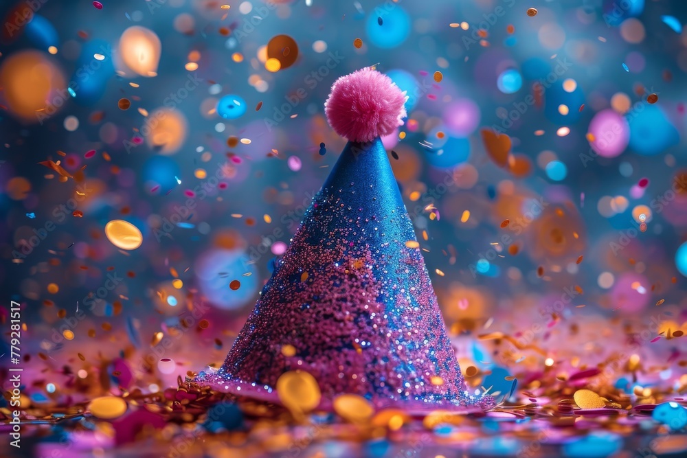 A shiny blue party hat with a pink pom-pom amongst a lively backdrop of falling colorful confetti