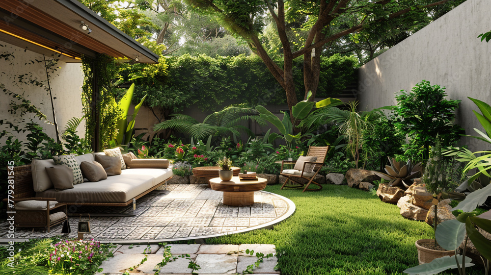 A serene backyard patio with a cozy seating area and potted plants.