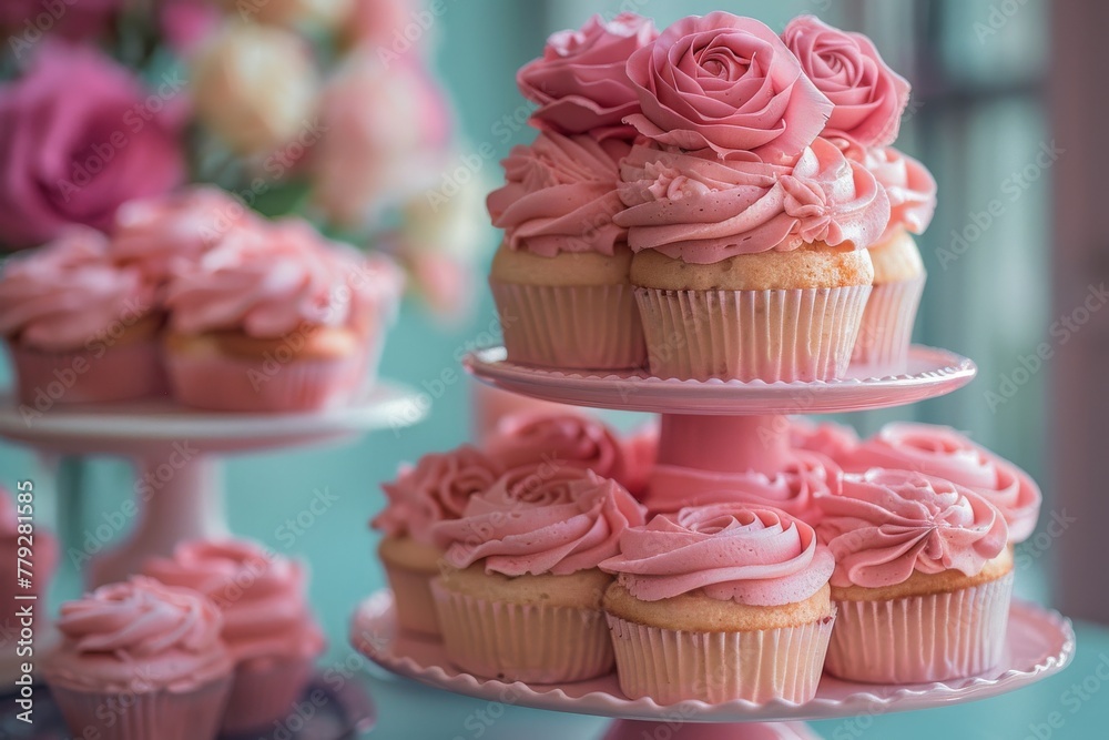 Delicate pink cupcakes with rose-shaped frosting elegantly displayed on a tiered stand, perfect for a sweet celebration