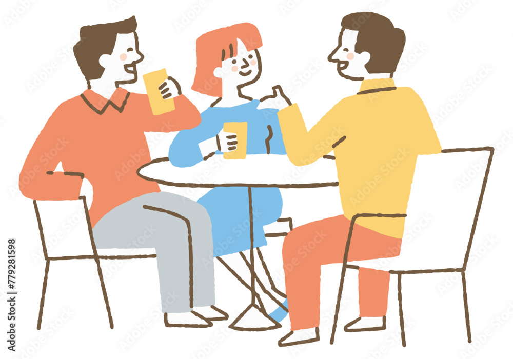 Three people drinking and conversing happily _color