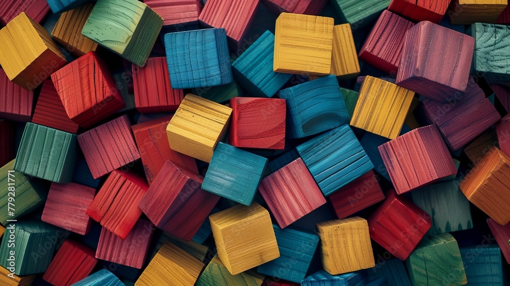 Fototapeta premium Top View of Many Colored Toy Blocks