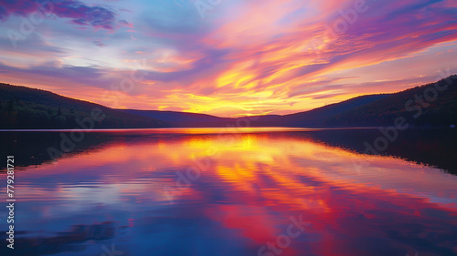 A tranquil lake reflecting the vibrant colors of a picturesque sunset sky.