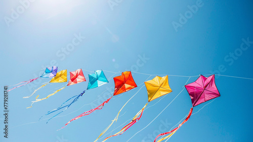 A colorful row of kites flying high in the clear summer sky. photo