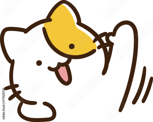 机に手をついて挙手するかわいいねこのキャラクターのデフォルメイラスト