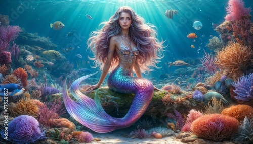 Beautiful Mermaid with Sparkling Multicolored Tail in Coral Reef - Underwater Fantasy with Tropical Fish Fantasy 4K Wallpaper