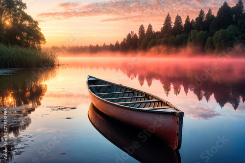 Serene lake sunrise with canoe