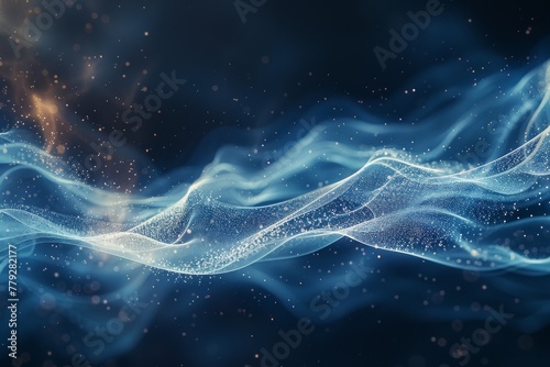 The image illustrates cool blue waves undulating gracefully, adorned with sparkling particles, suggesting a tranquil and serene digital space