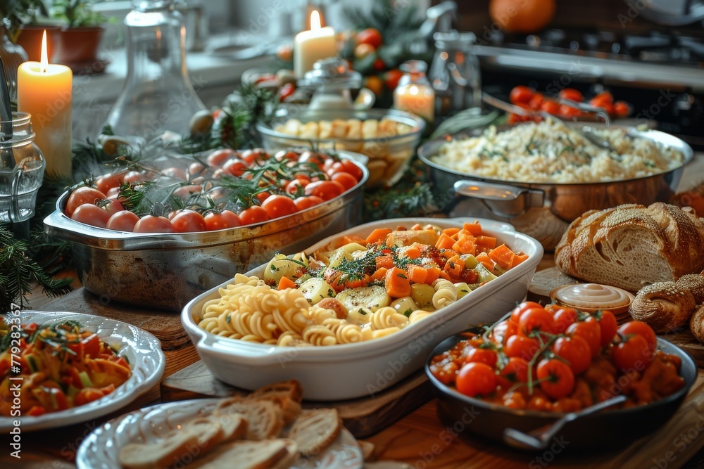 A warm, inviting dinner table laden with a variety of dishes, presenting a feast for any festive celebration