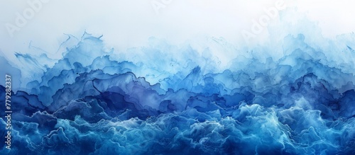 A serene artwork created with shades of blue watercolors on a clean white background, showcasing a calming and artistic display