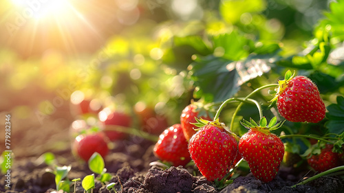 A cluster of ripe strawberries growing in a sun-kissed garden. photo