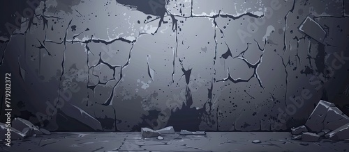 A monochrome photograph capturing the darkness of a room with a broken wall and a concrete floor, highlighted by the contrast of grey composite material and liquid water puddles