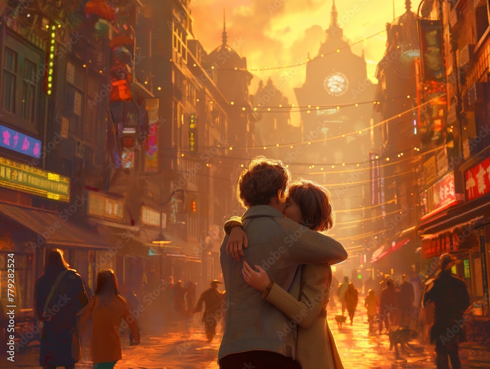 A couple is hugging in a busy city street. The man is wearing a gray jacket and the woman is wearing a white jacket. There are many people walking around them, and a clock is visible in the background A couple is hugging in a busy city street. The man is wearing a gray jacket and the woman is wearing a white jacket. There are many people walking around them, and a clock is visible in the background