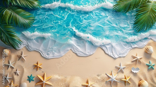 Summer Holiday Background. Flat lay, top view 3d beach clay style, copy space for your text.