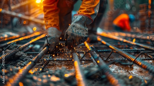 Snapshot of a rebar joint being secured by an ironworker, capturing the essence of steel binding work