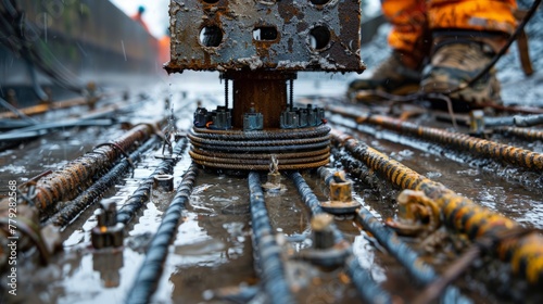 Intimate look at a rebar tie wire spool in use, highlighting the precision of rebar lattice construction