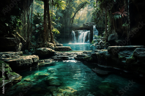 Tranquil scene of a waterfall flowing into a serene forest pond surrounded by lush foliage