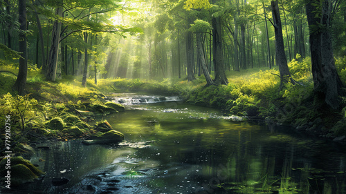 A tranquil stream winding through a lush forest  with sunlight dappling the water s surface.