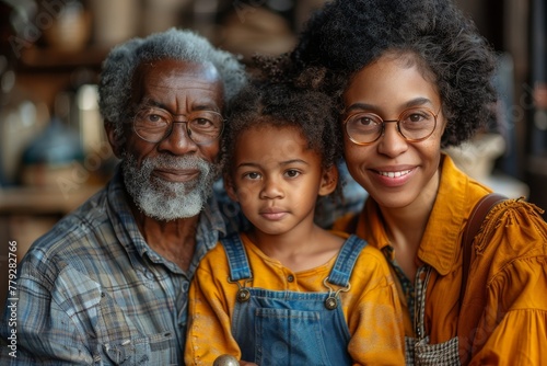 Warm generational family portrait showcasing an elder man, young woman, and child smiling together © Larisa AI
