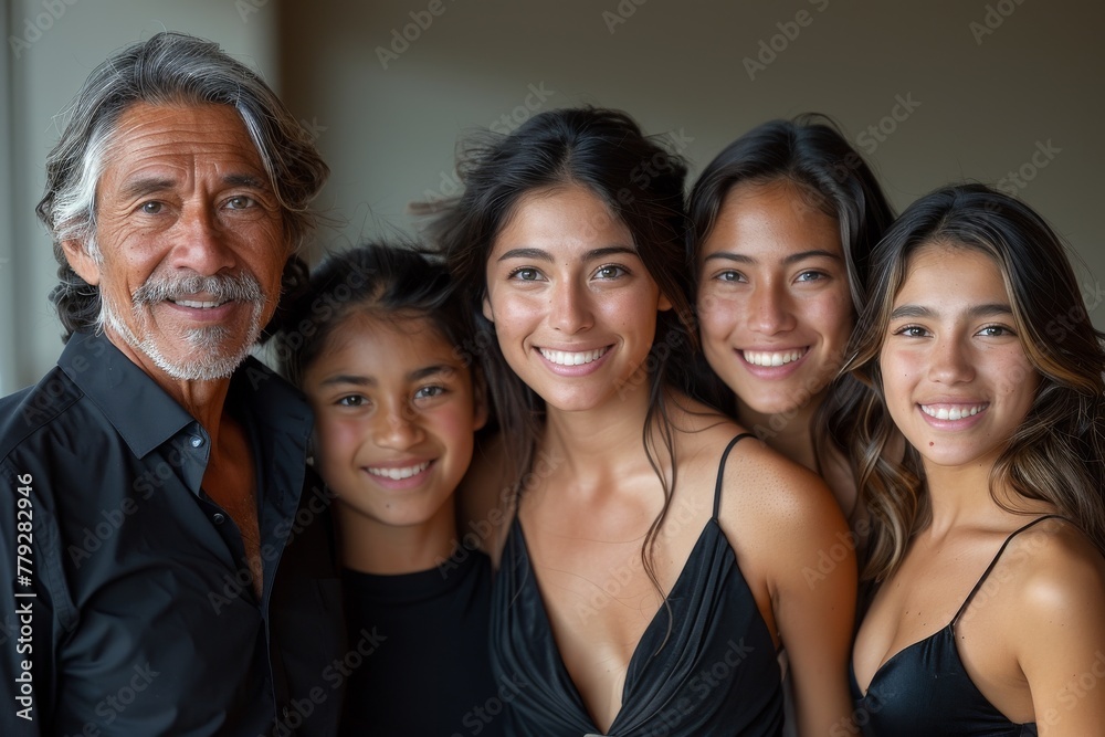 A loving family portrait with a senior man and four daughters smiling happily
