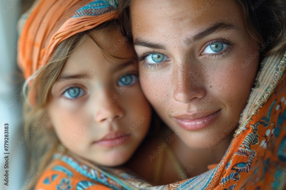 An intimate portrait of a mother and daughter, highlighting their deep cultural roots An intimate portrait of a mother and daughter, highlighting their deep cultural roots