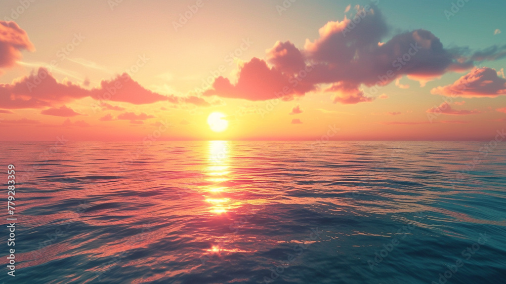 A vibrant sunset casting warm hues over a calm ocean horizon.