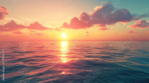 A vibrant sunset casting warm hues over a calm ocean horizon.