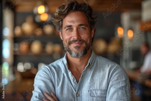 Casual portrait of a smirking man with wavy hair and a denim shirt