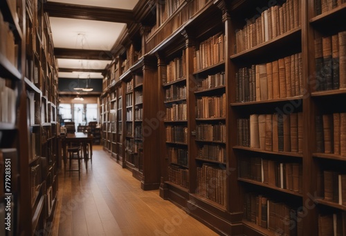 An aisle of a traditional library full with books