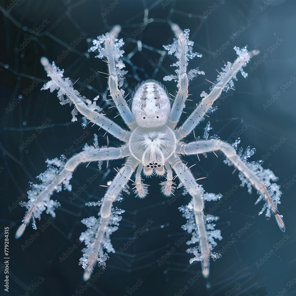 Extreme Close-up of a Spider Contorting into a Perfectly Symmetrical Snowflake-Shaped Web Amid Frosty Crystals Extreme Close-up of a Spider Contorting into a Perfectly Symmetrical Snowflake-Shaped Web Amid Frosty Crystals