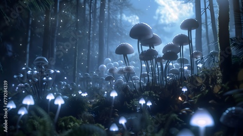 Glowing Mushrooms Propel through Enchanted Moonlit Forest in Whimsical Fantasy Adventure