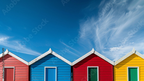 A colorful row of beach huts standing against a bright blue sky.