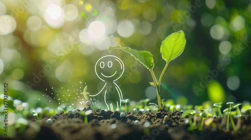 A white line art stick figure with a smile on his face, is planting small plant seeds (line art) in the ground
