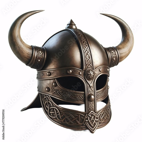 A Viking helmet with two horns, made of metal with a Celtic knot design around the bottom