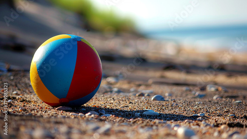 A colorful beach ball resting on a sandy shore, ready for a day of play.