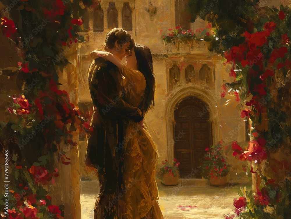 A couple is kissing in front of a building with red flowers. The painting is done in a style that is reminiscent of the Renaissance