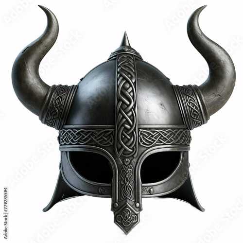 A Viking helmet with two horns, made of metal with a Celtic knot design around the bottom