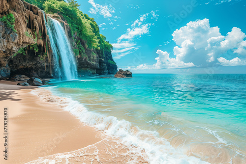 Waterfall near tropical sea beach.