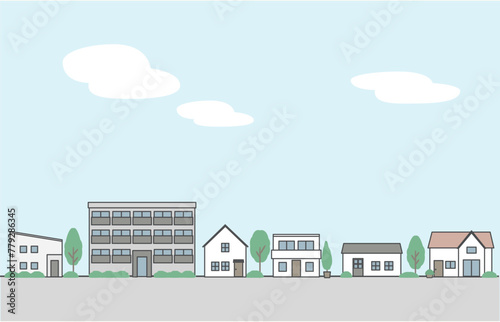 家が立ち並ぶ街並みのイラスト © karinrin