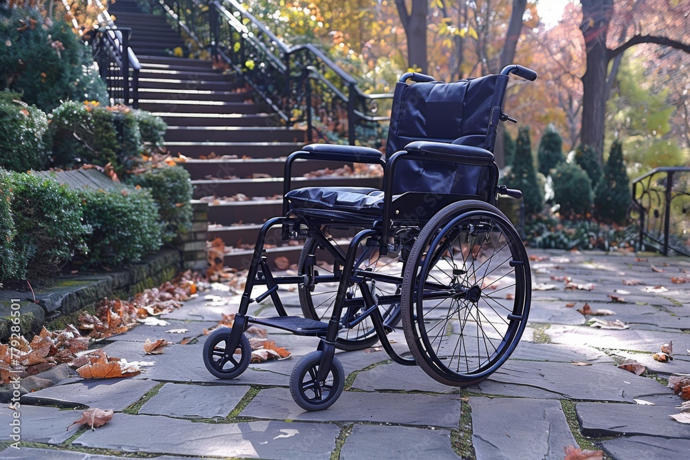 Empty Wheelchair on a Cobblestone Path Surrounded by Autumn Leaves