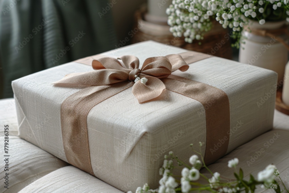 Wrapped Present on White Pillow