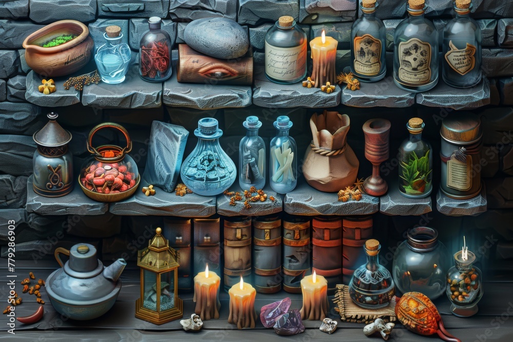 Assortment of Antique Potions and Artifacts on Stone Shelves in a Dimly Lit Alchemists Lair