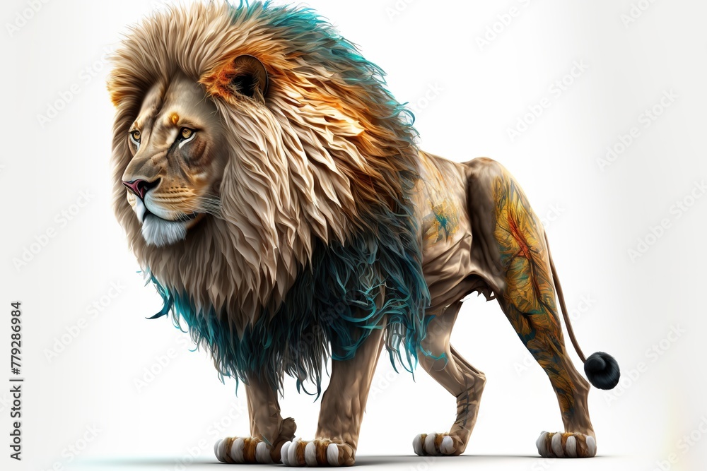 Obraz premium 3D furry forest lion with beautiful colors and white background. with Generative AI technology 