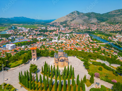 Panorama view of Bosnian town Trebinje and Hercegovacka Gracanica Temple