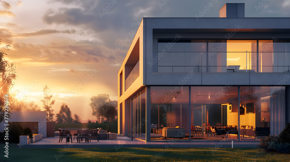 Serene Sunset Over a Modern Architectural House: A Blend of Aesthetics and Comfort