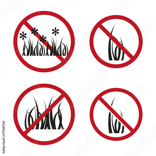No flora symbols set. Grass silhouette negation. Environmental care signs. Vector illustration. EPS 10.